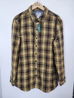 L.L. BEAN Mens Brown Mustard Slightly Fitted Plaid Overshirt Jacket  Large Tall